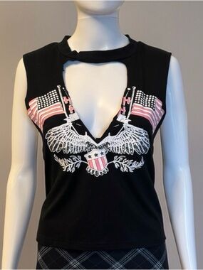 Black Sleeveless Graphic Deep V Top with Eagle and Flags